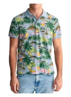 Gant Hawaii Print Polo Shirt Dove Blue Dove Blue